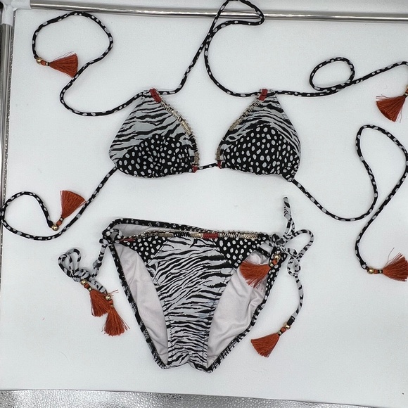 Victoria's Secret Other - VS Zebra Dot Print Embroidered Tassel Tie Bikini Set with Gold Detailing - S